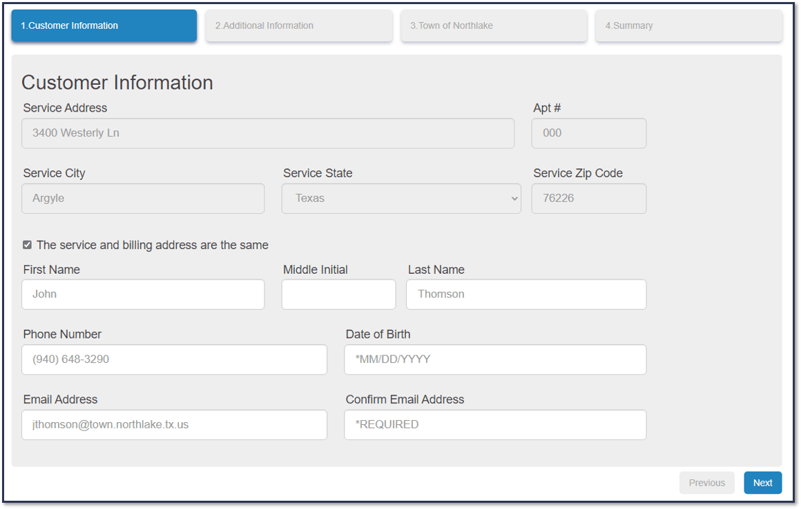 Screenshot of customer information page